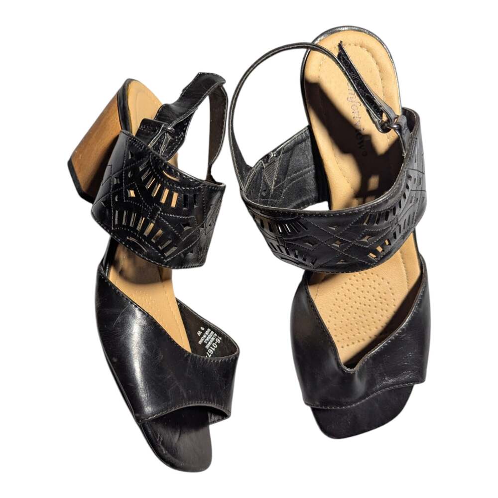 Comfortview Black Faux Leather Perforated Wooden Heel Slingback Sandals Sz 9 W